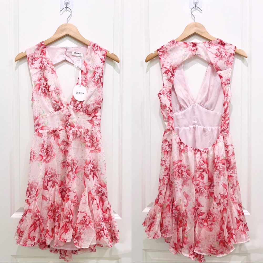 STORIA Flowy Floral Flutter Open Back Mini Dress
